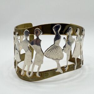 Sterling Silver Brass Dancing Women Silhouette Wide Cuff Bracelet 8" 51g